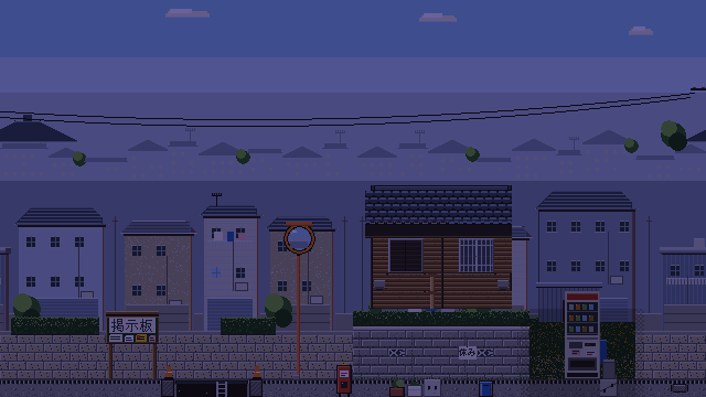 The same pixel-art Yanaka street at night, lit in blue.