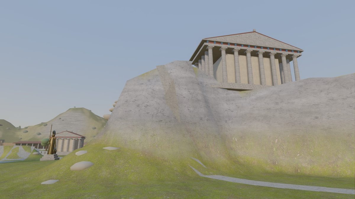 In-game view of the Acropolis on its rocky crag under a clear blue sky.