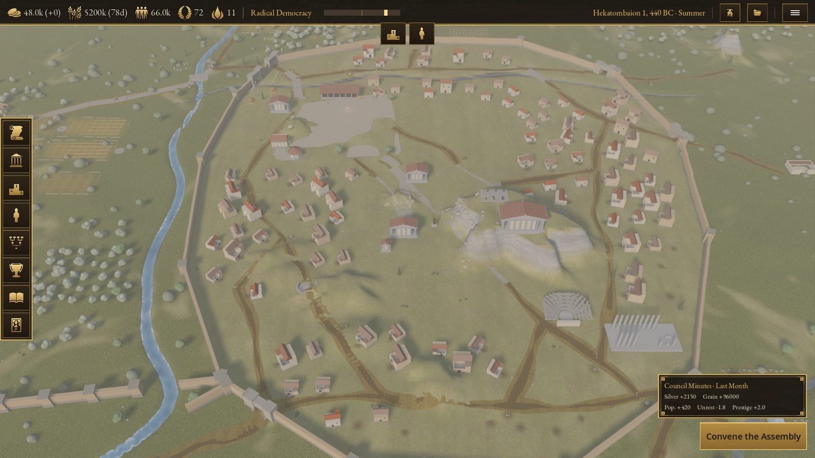 In-game overview of Athens: the walled city seen from above, framed by the game's gold interface.